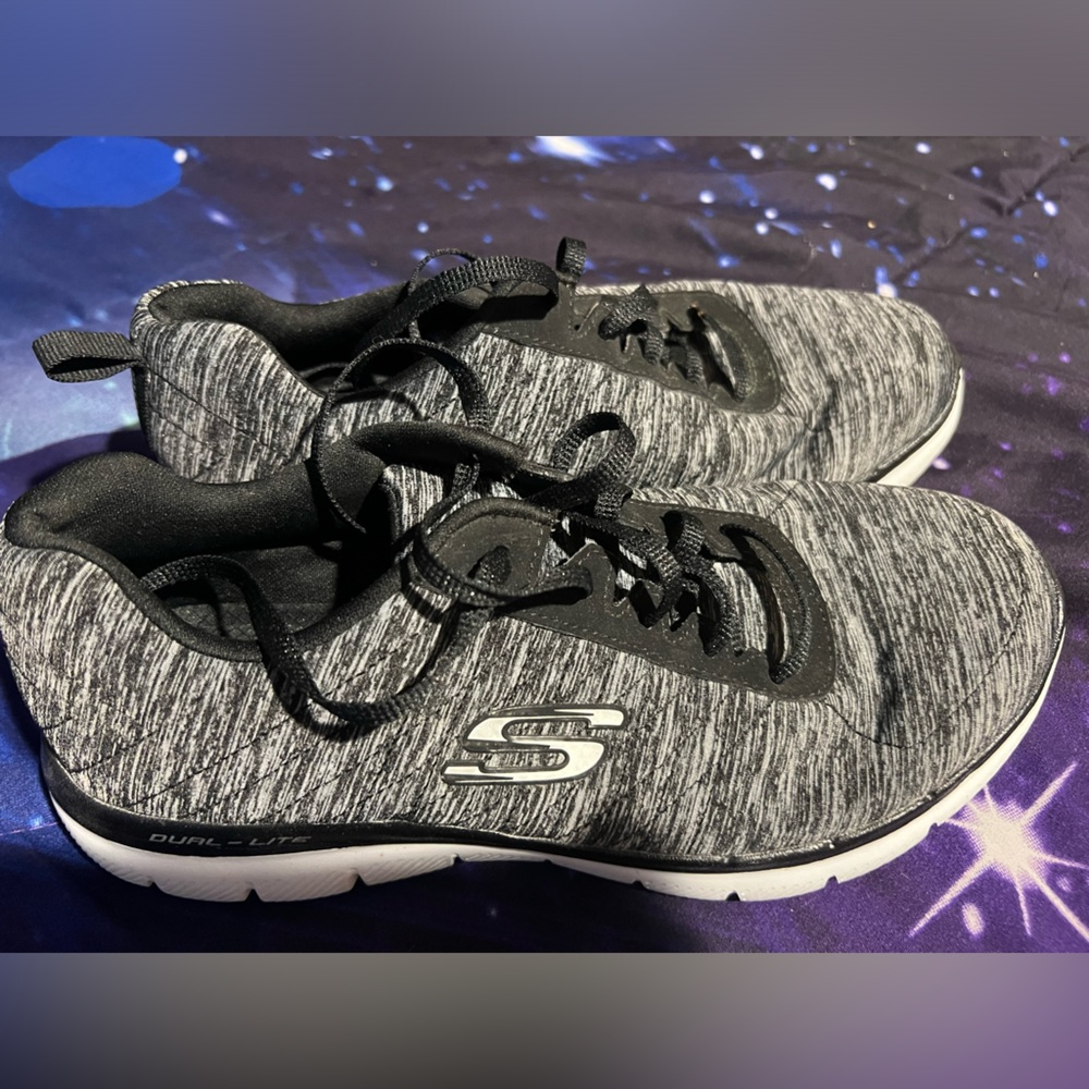 Womens Skechers Black and Gray Knit Lace-Up Sneakers